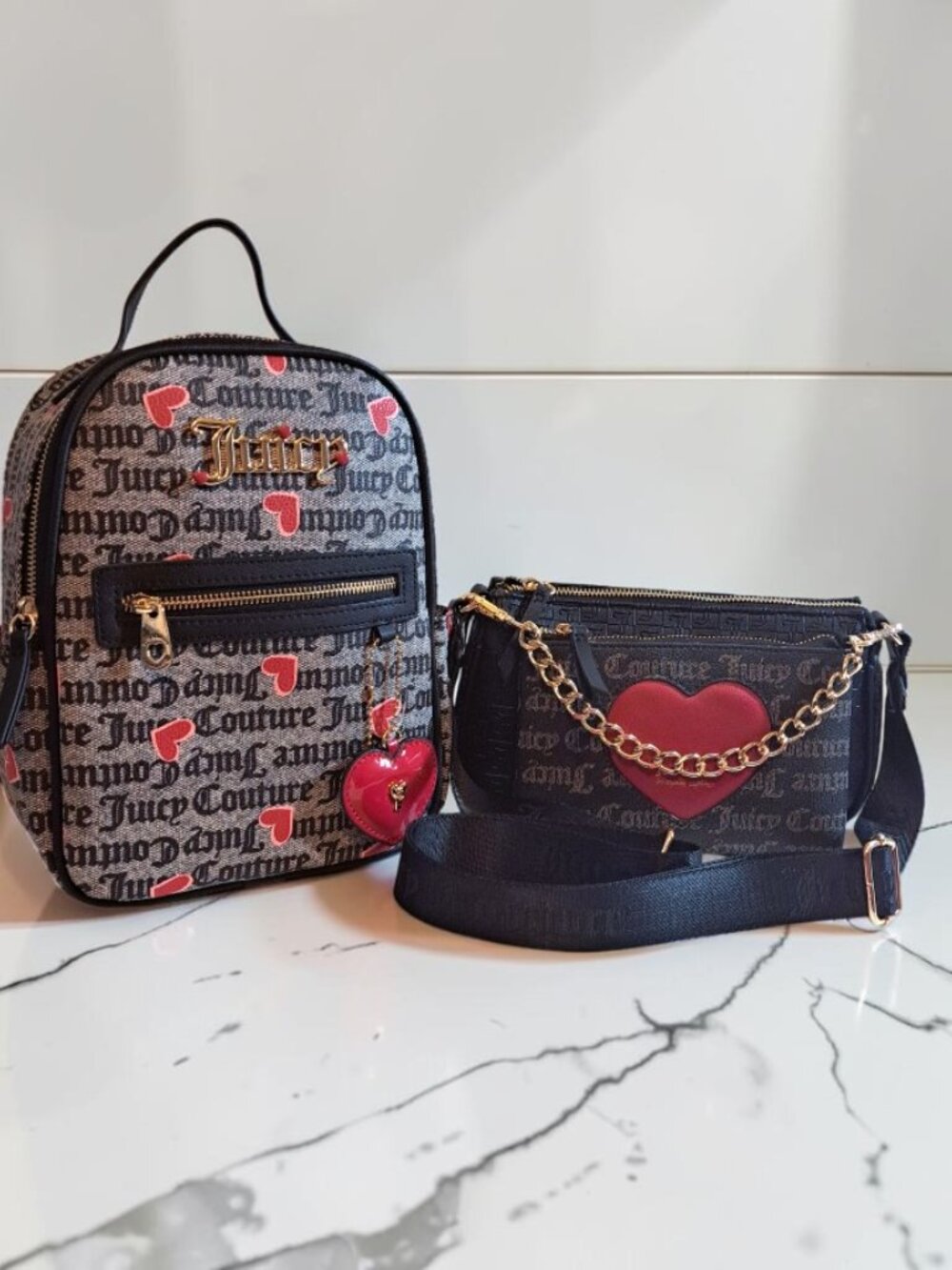 Juicy Couture Black, Beige, w/Red Hearts Backpack & Crossbody Bundle Set